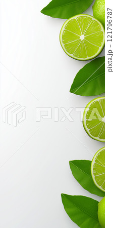 Ripe limes and lime slices with green leaves arranged on white background. Lime wallpaper, banner 121796787