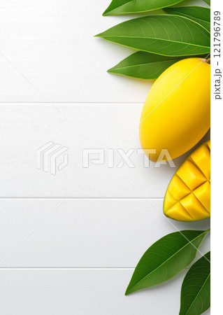 Ripe mangos and mango slices with green leaves arranged on white background. Mango wallpaper, banner 121796789