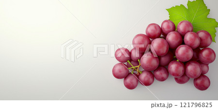 Ripe grapes and grape slices with green leaves arranged on white background. Grapes wallpaper, banner 121796825