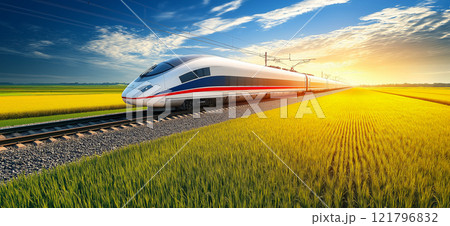 High-speed train traveling through golden fields at sunset, symbolizing speed, efficiency, and the beauty of travel 121796832