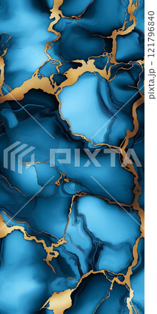 Blue and gold marble texture creating a luxurious background. Blue and gold onyx seamless pattern 121796840
