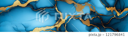 Blue and gold marble texture creating a luxurious background. Blue and gold onyx seamless pattern 121796841