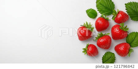 Ripe strawberries and strawberry slices with green leaves arranged on white background. Strawberry wallpaper, banner 121796842