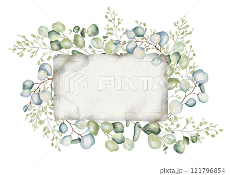 Sheet of paper on background of eucalyptus. Airy watercolor illustration. Ideal for romantic greeting cards, invitations to weddings, birthdays, cosmetics, perfumes. Botanical drawing of green leaves Sheet of paper on background of eucalyptus. Airy watercolor illustration. Ideal for romantic greeting cards, invitations to weddings, birthdays, cosmetics, perfumes. Botanical drawing of green leaves 121796854