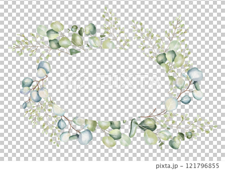 Oval-shaped frame with eucalyptus branches. Airy watercolor illustration. Ideal for romantic greeting cards, invitations to weddings, birthdays, cosmetics, perfumes. Botanical drawing of green leaves Oval-shaped frame with eucalyptus branches. Airy watercolor illustration. Ideal for romantic greeting cards, invitations to weddings, birthdays, cosmetics, perfumes. Botanical drawing of green leaves 121796855
