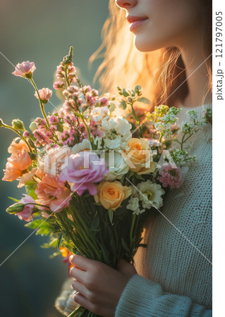 Woman holding a flower bouquet 121797005