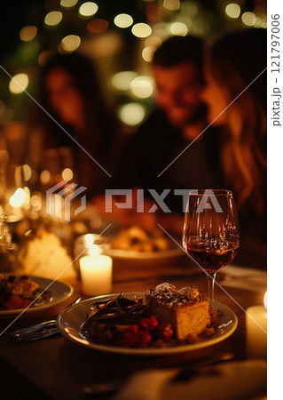 Couple enjoys a dinner with bokeh lights in the background 121797006