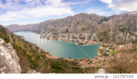 Panoramic view of Kotor town and Bay Boca from mountain view point in Montenegro in winter time 121797154