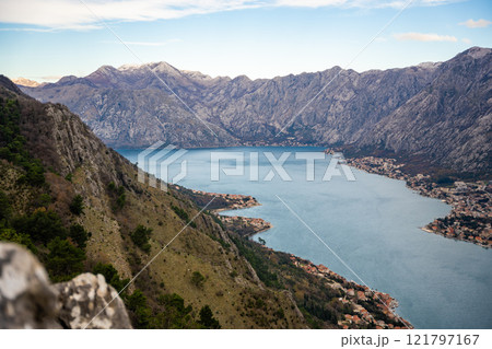 Panoramic view of Kotor town and Bay Boca from mountain view point in Montenegro in winter time Panoramic view of Kotor town and Bay Boca from mountain view point in Montenegro in winter time 121797167