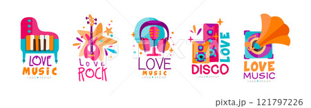 Bright Music Logo with Musical Instrument Vector Set 121797226