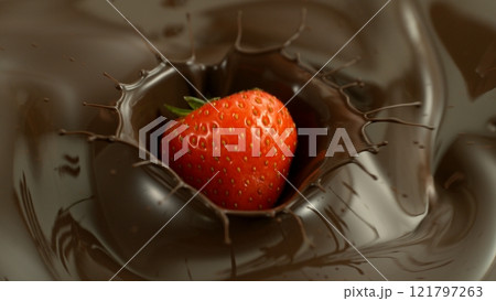 Freeze Motion of Melted Chocolate with Falling Strawberry .,, Close-up 121797263