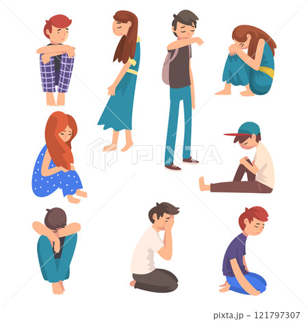 Unhappy Sad Boys and Girls Set, Depressed, Lonely, Anxious, Abused Teenagers Having Problems, Stressed Students Vector Illustration 121797307