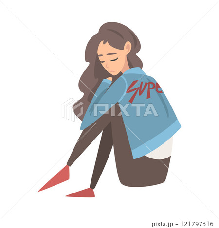 Unhappy Sad Girl Sitting on Floor, Depressed Teenager Having Problems, Front View Vector Illustration 121797316
