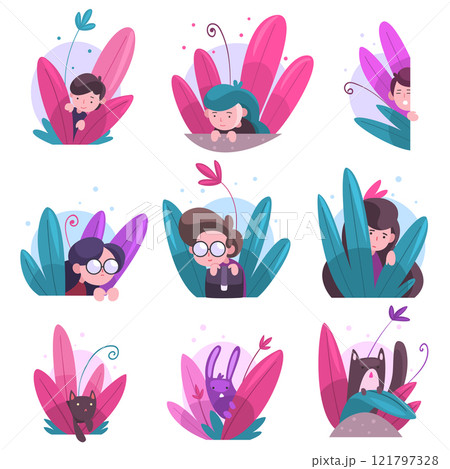 Cute Boys, Girls and Animals Hiding in Bushes Set, Adorable Kids, Cats and Bunny Peeking Out of Colorful Dense Grass Vector Illustration Cute Boys, Girls and Animals Hiding in Bushes Set, Adorable Kids, Cats and Bunny Peeking Out of Colorful Dense Grass Vector Illustration 121797328