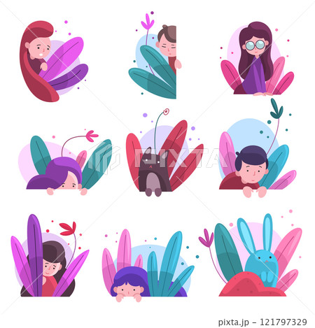 Cute Boys, Girls and Animals Hiding in Bushes Set, Adorable Kids, Bunnies and Cat Peeking Out of Colorful Dense Grass, Bright Imaginary World Vector Illustration 121797329