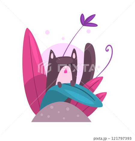 Cute Cat Hiding and Peeking Out of Colorful Dense Grass Vector Illustration 121797393