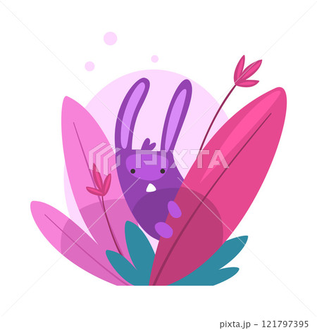 Cute Funny Bunny Hiding and Peeking Out of Colorful Dense Grass Vector Illustration 121797395