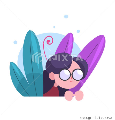 Cute Brunette Girl in Glasses Hiding in Bushes, Adorable Kid Peeking Out of Grass Vector Illustration Cute Brunette Girl in Glasses Hiding in Bushes, Adorable Kid Peeking Out of Grass Vector Illustration 121797398
