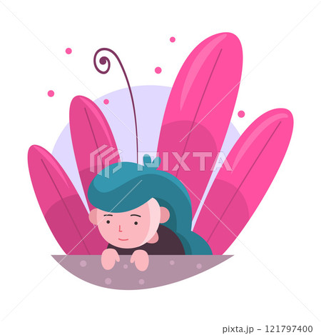 Cute Long Haired Little Girl Hiding in Bushes, Adorable Kid Peeking Out of Colorful Dense Grass, Bright Imaginary World Vector Illustration Cute Long Haired Little Girl Hiding in Bushes, Adorable Kid Peeking Out of Colorful Dense Grass, Bright Imaginary World Vector Illustration 121797400