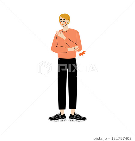 Young Man Holding Hand on His Elbow, Guy Feeling Pain in Body Caused By Illness or Injury Vector Illustration Young Man Holding Hand on His Elbow, Guy Feeling Pain in Body Caused By Illness or Injury Vector Illustration 121797402