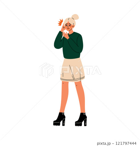 Young Woman Holding Hands on Her Ear, Toothache or Headache, Girl Feeling Pain in Body Caused By Illness or Injury Vector Illustration 121797444