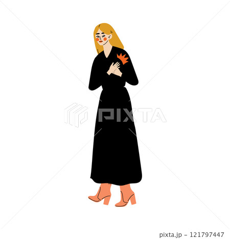 Young Woman Holding Hands on Her Chest, Symptom of Heart Attack, Chest Pain Vector Illustration 121797447
