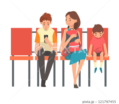 Family Waiting at Airport Terminal for Flight, Mother with Two Sons Sitting on Chairs at Waiting Room Vector Illustration Family Waiting at Airport Terminal for Flight, Mother with Two Sons Sitting on Chairs at Waiting Room Vector Illustration 121797455