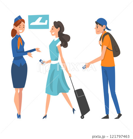 Passengers in Queue Waiting Check at Airport, Airline Representative Checking Ticket Documents Vector Illustration 121797463