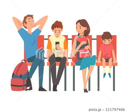 Family Waiting at Airport Terminal for Flight, Father, Mother and Their Two Sons Sitting on Chairs at Waiting Room Vector Illustration 121797466