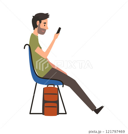 Young Man in Casual Clothes Waiting at Airport Terminal for Flight, Guy Sitting on Chair with Smartphone at Waiting Room Vector Illustration Young Man in Casual Clothes Waiting at Airport Terminal for Flight, Guy Sitting on Chair with Smartphone at Waiting Room Vector Illustration 121797469