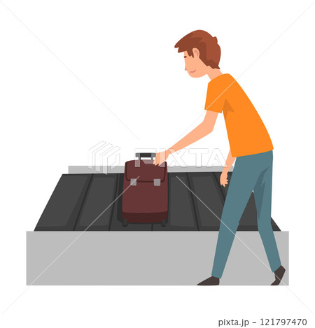 Young Man Picking Up His Suitcase on Luggage Conveyor Belt at Airport Vector Illustration Young Man Picking Up His Suitcase on Luggage Conveyor Belt at Airport Vector Illustration 121797470
