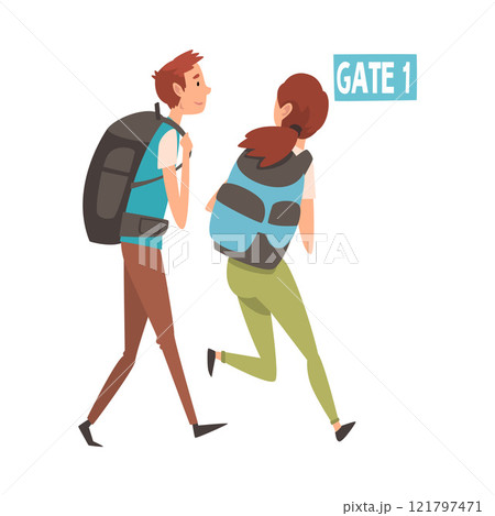 Young Man and Woman Running with their Backpacks to Catch Flight, Passengers in Hurry at Airport Vector Illustration 121797471