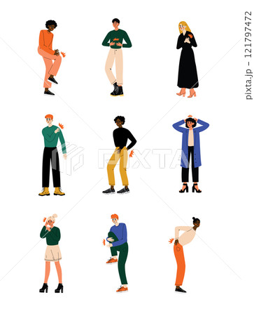 Different People Feeling Pain in Different Parts of Body Caused By Illness or Injury Set, Toothache, Headache, Backache, Pain in Arms, Legs, Shoulder and Chest Vector Illustration 121797472