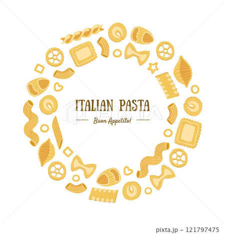 Italian Pasta Banner Template Round Frame with Different Types of Traditional Pasta Can Be Used for Menu, Packaging, Fyer, Card Vector Illustration Italian Pasta Banner Template Round Frame with Different Types of Traditional Pasta Can Be Used for Menu, Packaging, Fyer, Card Vector Illustration 121797475
