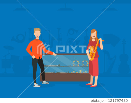 Young Woman Choosing and Buying Saxophone in Music Store, Male Shop Assistant Selling Musical Instruments Vector Illustration Young Woman Choosing and Buying Saxophone in Music Store, Male Shop Assistant Selling Musical Instruments Vector Illustration 121797480