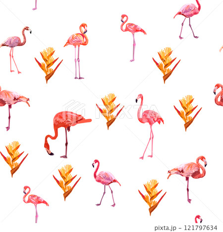 Seamless pattern with cute flamingo with tropical monstera and palm leaves, swimwear fabric 121797634