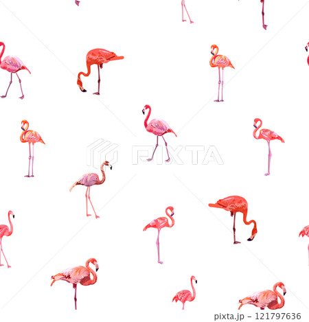 Seamless pattern with cute flamingo with tropical monstera and palm leaves, swimwear fabric Seamless pattern with cute flamingo with tropical monstera and palm leaves, swimwear fabric 121797636
