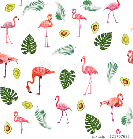 Seamless pattern with cute flamingo with tropical monstera and palm leaves 121797652
