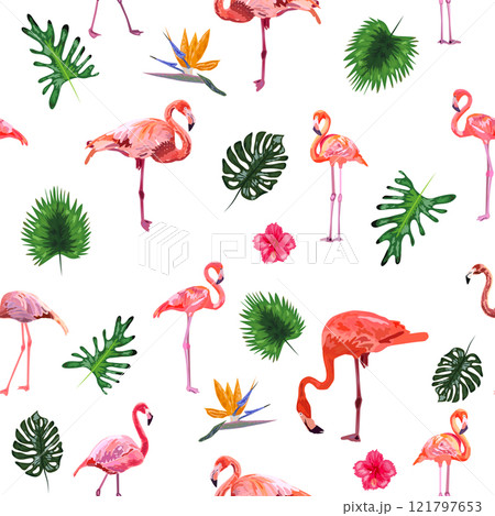 Seamless pattern with cute flamingo with tropical monstera and palm leaves Seamless pattern with cute flamingo with tropical monstera and palm leaves 121797653