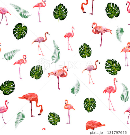 Seamless pattern with cute flamingo with tropical monstera and palm leaves 121797656