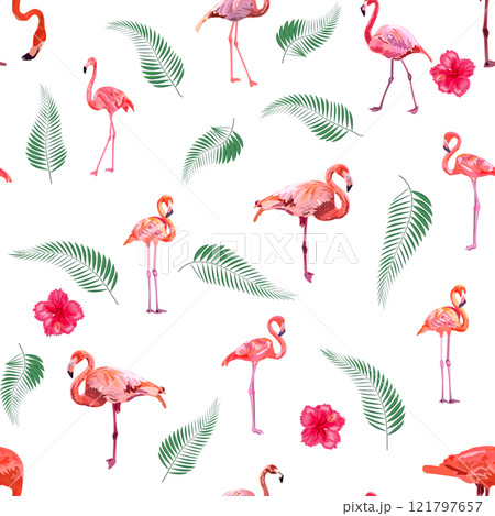 Seamless pattern with cute flamingo with tropical monstera and palm leaves Seamless pattern with cute flamingo with tropical monstera and palm leaves 121797657