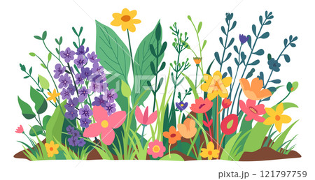 Fresh spring flowers, herbs and grass. Vector isolated illustration 121797759
