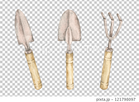 Gardening tools watercolor clipart. Spade, trowel, and fork or weeder illustration. Great for DIY gardening-themed projects, planner designs, instructional prints, or farming-related craft merchandise Gardening tools watercolor clipart. Spade, trowel, and fork or weeder illustration. Great for DIY gardening-themed projects, planner designs, instructional prints, or farming-related craft merchandise 121798097