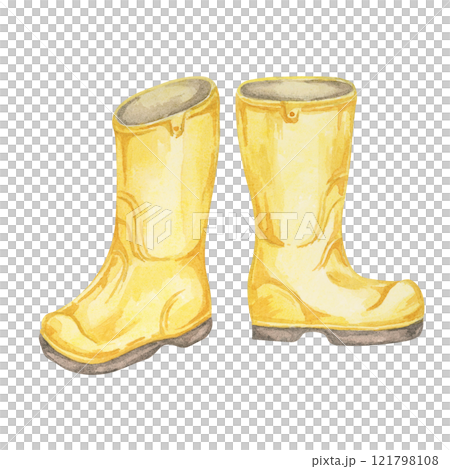 Yellow rubber boots. Gardening shoes, farmer footwear for spring or autumn. Watercolor clipart, perfect for garden designs, spring-themed merchandise, farm posters, fabric patterns, or gardening blogs 121798108