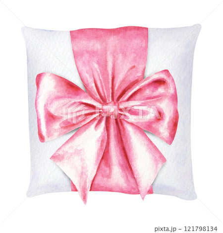 Watercolor illustration of a pink satin bow elegantly tied on a ring pillow. Perfect for wedding designs, romantic events, gift wrapping or feminine branding. Hand painted clip art with fine details 121798134