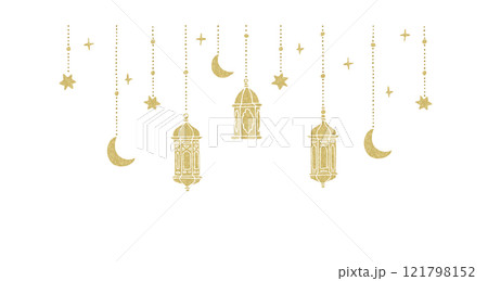 Ramadan Kareem strings, garlands with lights. Hanging hand drawn golden glittering Moroccan lanterns. Moon and stars. Islamic party decoration web banner. Isolated vector object. Eid Mubarak frame. Ramadan Kareem strings, garlands with lights. Hanging hand drawn golden glittering Moroccan lanterns. Moon and stars. Islamic party decoration web banner. Isolated vector object. Eid Mubarak frame. 121798152