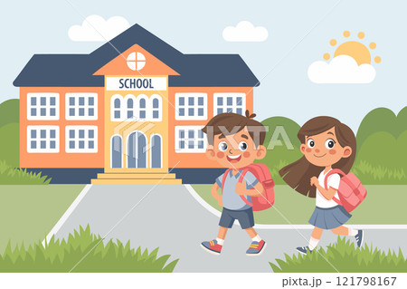 Back to school banner. Two school children going to school with backpacks. Illustration in flat style. 121798167