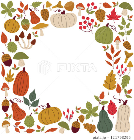 Cute autumn empty square frame with fall design elements in flat style. Cozy fall border with pumpkins and leaves, berries and mushrooms isolated on white background. 121798296