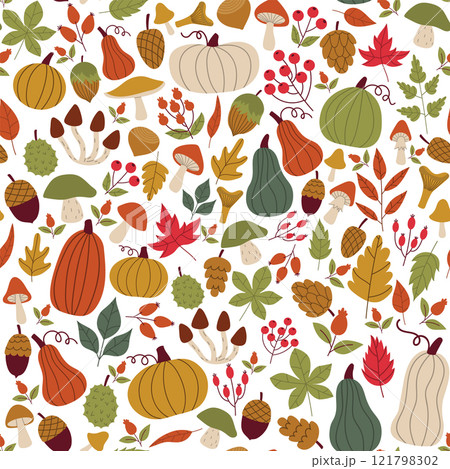Cute messy autumn seamless pattern with branches and leaves, pumpkins and berries in simple flat style. Cozy fall background, textile, fabric. Cute messy autumn seamless pattern with branches and leaves, pumpkins and berries in simple flat style. Cozy fall background, textile, fabric. 121798302