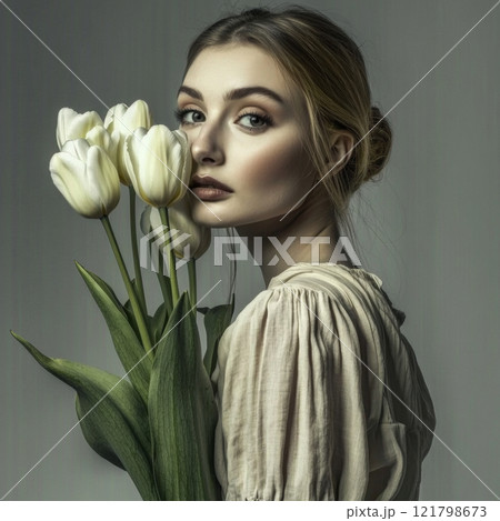 Portrait of a woman in calm colors. Woman holding white tulips in her hands 121798673